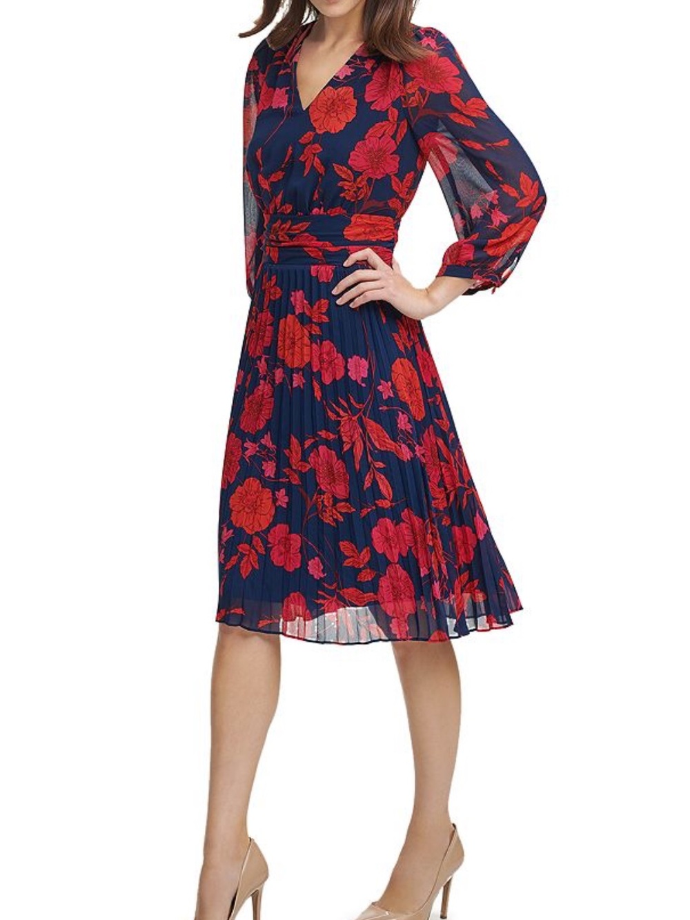 Karl Lagerfeld Navy Dress Red Pink Floral Print Size 8